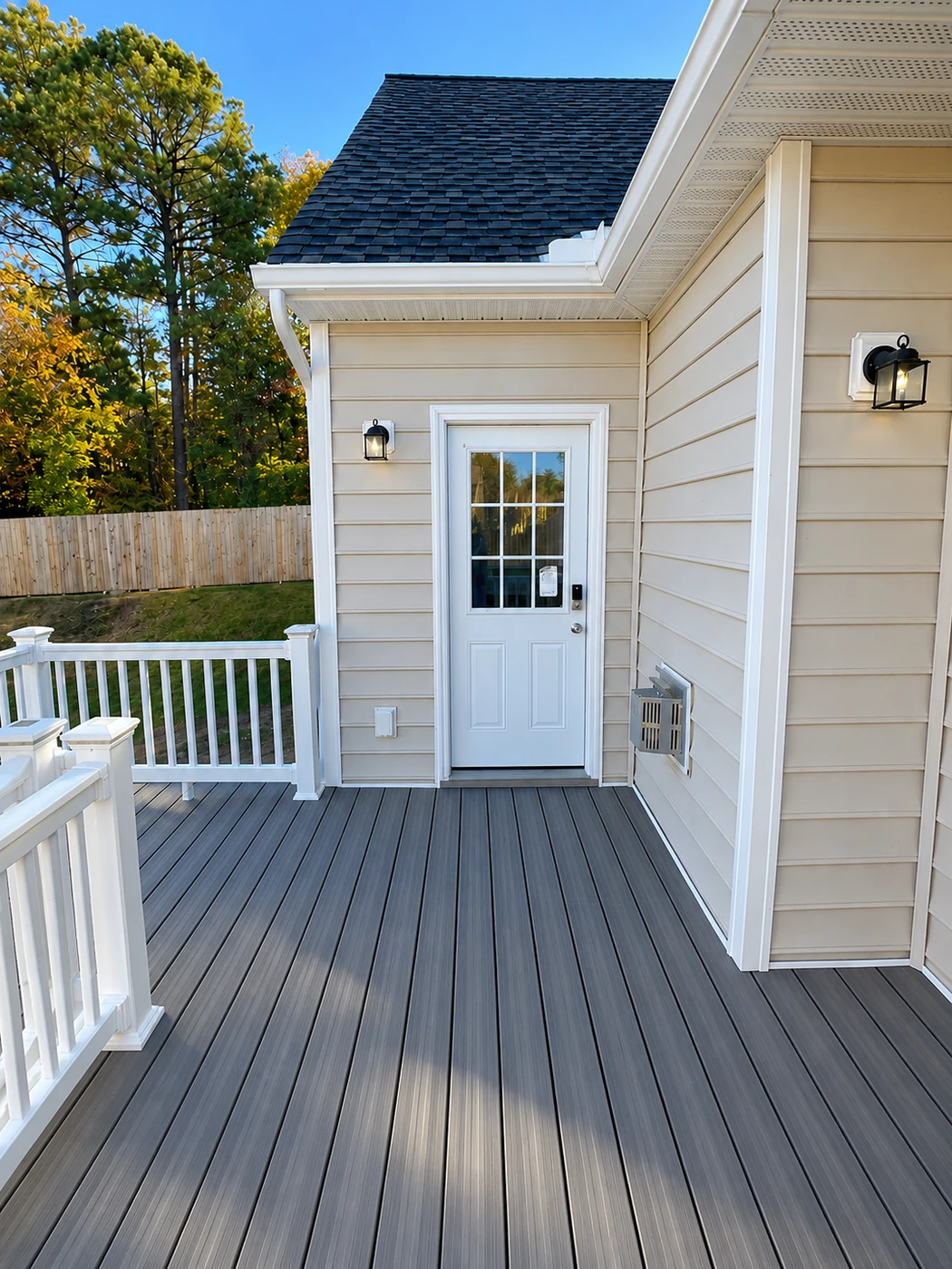 Sunny deck with lush backyard view